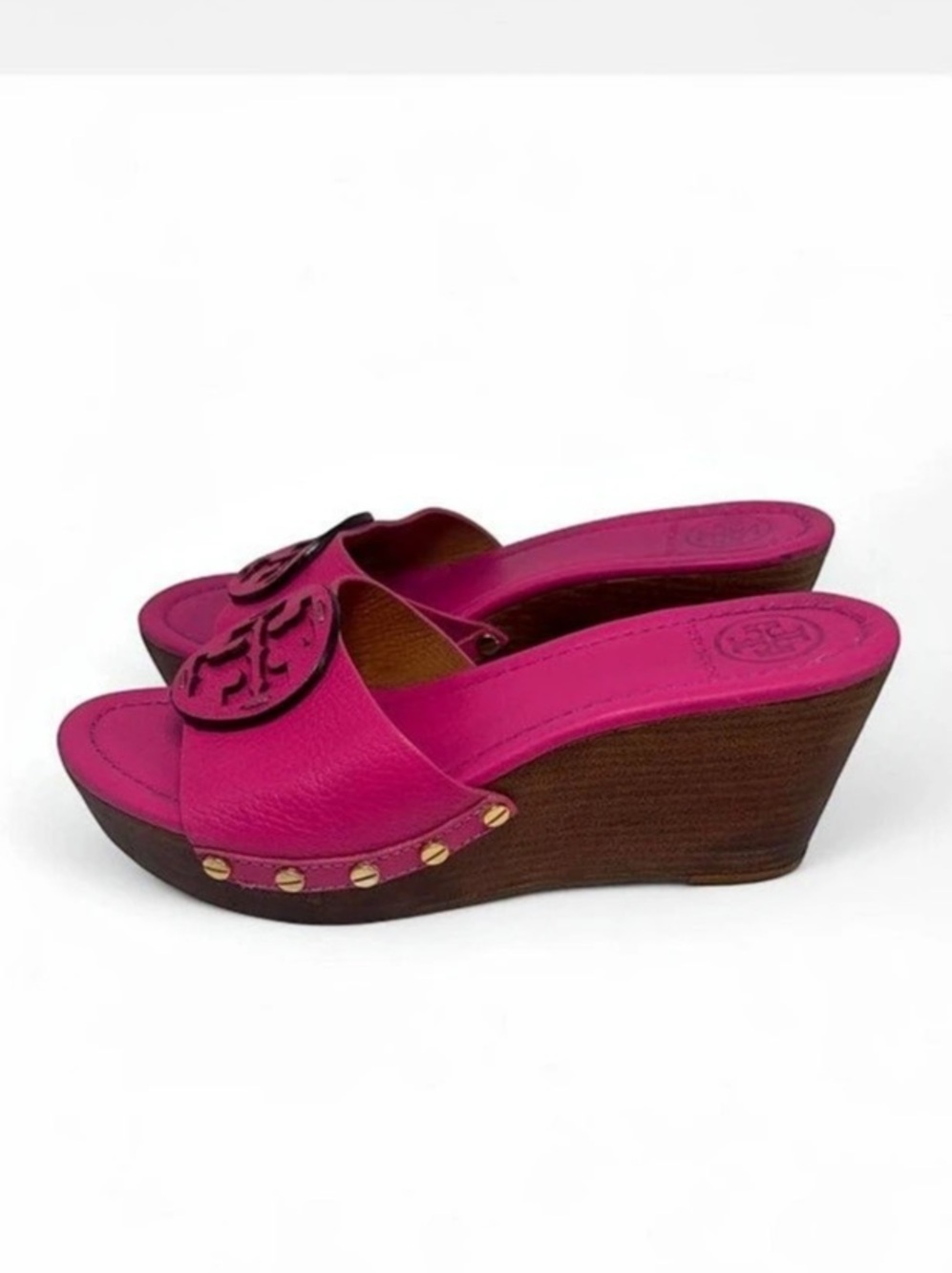Tory Burch Patty Pink Leather Wedge Slide Sandals